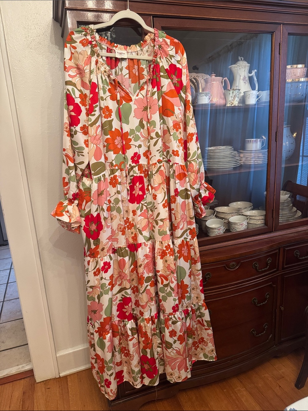 Hayden LA Satin Floral Tie Neck Tiered Maxi Dress - Picture 2 of 14
